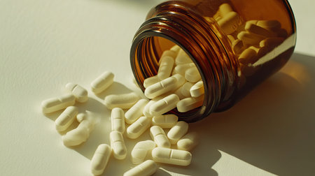 An open amber jar of pills tipped over, with white tablets spilling out onto a clean white surface.の素材
