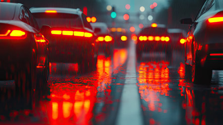 A traffic jam on a rainy highway, with taillights reflecting on the wet asphaltの素材