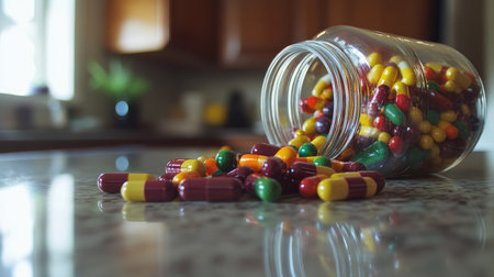 An open jar of vitamins tipped over, with colorful tablets scattered across a kitchen table.の素材