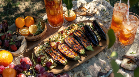 An outdoor picnic scene featuring grilled eggplant with sweet miso sauce on a platter alongside cold drinks and fresh fruitsの素材