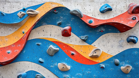 An artistic climbing wall with abstract patterns and holds arranged to form a creative design.の素材