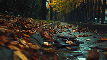 Rainwater flows along a sloped concrete path, gathering in a drain, with leaves and debris scattered.の素材
