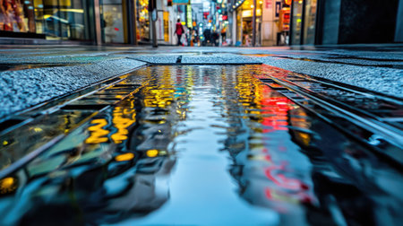 Rainwater rapidly enters a storm drain in a busy commercial area, reflections from nearby shops visible.の素材