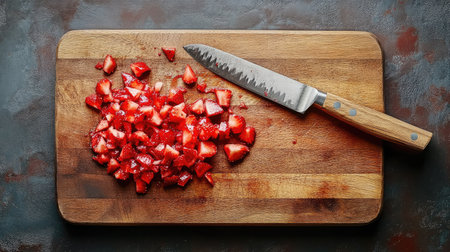 A wooden cutting board with chopped strawberries and a knife, ready for jam makingの素材