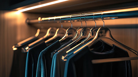 An elegant walk-in wardrobe featuring empty velvet hangers on a chrome rail with soft lighting.の素材