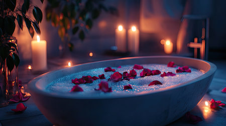 Elegant bathtub brimming with foam and rose petals, set against a dimly lit background with a spa-like feelの素材
