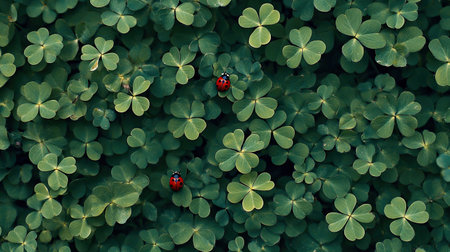 A tiny ladybug surrounded by clover in a lush green fieldの素材