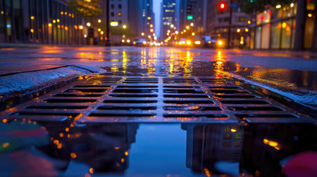 Rainy evening with stormwater draining through a city grate, lights from buildings reflected in puddles.の素材