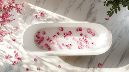 Top view of a foamy bathtub with scattered pink rose petals, set in a minimalist bathroom with marble wallsの素材