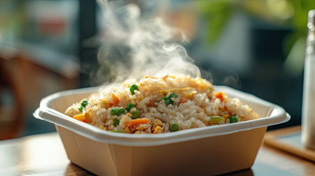 A takeout Styrofoam box with a steaming portion of fried rice and vegetablesの素材