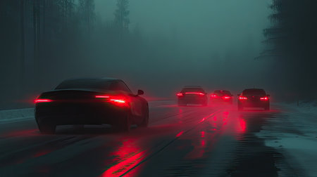 Cars stuck in traffic on a foggy road, with red taillights creating a glowing hazeの素材