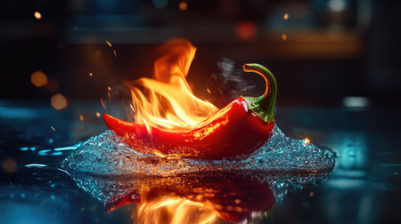 A vibrant red hot chili pepper on fire, reflecting its light off a polished metal surfaceの素材