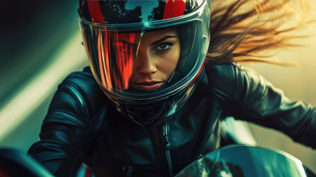 A stunning close-up of a young woman riding a motorcycle, showcasing the thrill of speed and freedom. The wind flows through her hair while she wears a sleek helmet.の素材
