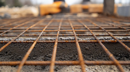 Detailed close-up of rusty steel rebar grid on a fresh concrete slab at a construction site emphasizing the importance of reinforcement in building processes.の素材