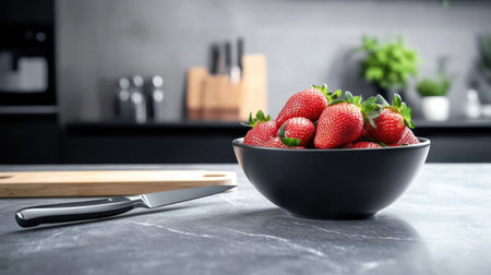 A bowl of freshly washed strawberries on a countertop with a knife and chopping board nearbyの素材