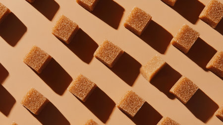 A visually pleasing arrangement of brown sugar cubes on a smooth surface. The play of light and shadow creates a warm atmosphere, perfect for cooking inspiration.の素材