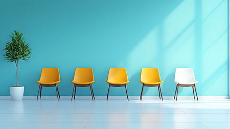 An inviting interior scene featuring stylish yellow and white chairs aligned against a lively teal wall, complemented by a potted plant for a fresh and modern look.の素材