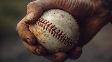 A close-up image showcasing a dirty hand gripping a well-worn baseball. This photo embodies the passion and spirit of the game, highlighting the beauty in imperfection and dedication.の素材
