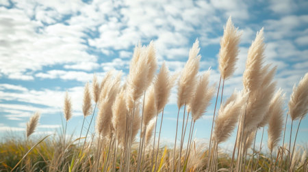 A beautiful view of soft pampas grass gently swaying in the wind, illuminated by warm sunlight under a picturesque blue sky with soft clouds, conveying peace.の素材