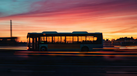 A motion-blurred city bus captures the essence of urban life during sunset, showcasing vibrant colors and evoking a sense of movement and excitement in transportation.の素材