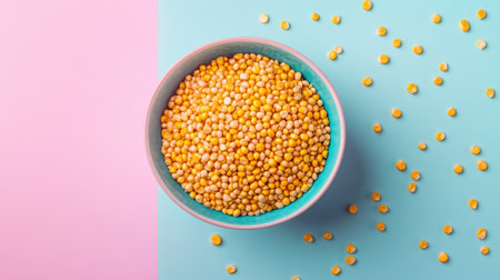 A vibrant bowl of yellow seeds rests on a pastel split background. This creative composition highlights themes of health, freshness, and culinary inspiration ideal for food enthusiasts.の素材