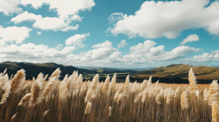 A stunning landscape showcasing golden grass swaying gently in the wind, set against a backdrop of fluffy white clouds and majestic mountains under a vivid blue sky.の素材