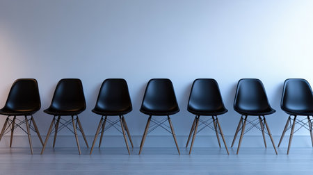 A row of modern black chairs enhances a minimalist interior, casting soft shadows on a plain wall. This image captures the essence of contemporary design aesthetics.の素材