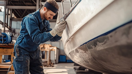 A repair specialist sealing a boat hull with waterproof siliconeの素材