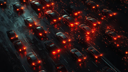 An aerial view of a traffic jam at night, with a stream of glowing red taillightsの素材