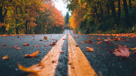 An autumn road lined with trees shedding leaves, with colorful foliage falling onto the pavementの素材