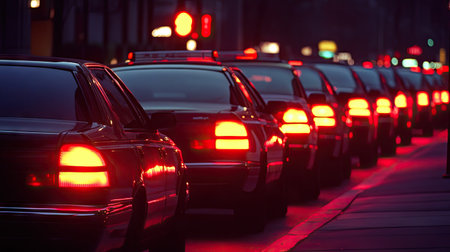 A row of cars waiting at a red light during rush hour, taillights glowing brightlyの素材