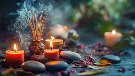 A spiritual setting with incense sticks burning beside candles, surrounded by natural elements like stones and leavesの素材