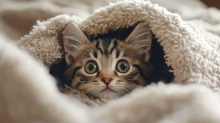 A charming tabby kitten sits nestled in a fluffy blanket, displaying wide, curious eyes that reflect innocence and joy in a cozy indoor atmosphere.の素材