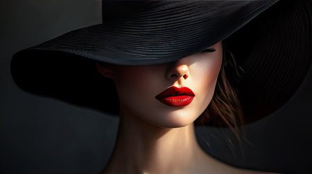 Woman in a wide-brimmed black hat and red lipstick, captured in dramatic lighting that adds intrigue.の素材