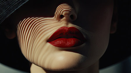 Woman with red lips and a sleek black hat, close-up on her lips and hat casting shadows on her face.の素材