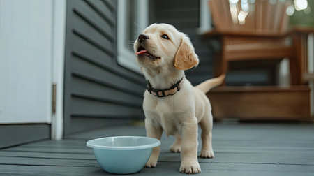 A playful puppy standing on a porch with a plastic bowl in its mouth, looking up eagerlyの素材