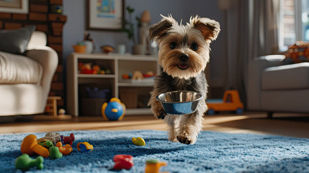 A small terrier carrying an empty bowl through a living room, scattering toys behindの素材