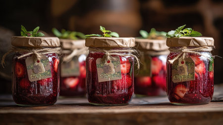 An assortment of mason jars filled with strawberry jam, tied with twine and decorative labelsの素材