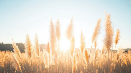 A serene image showcasing golden grasses illuminated by soft sunlight at sunrise, creating a peaceful atmosphere. Ideal for nature-themed projects and backgrounds.の素材