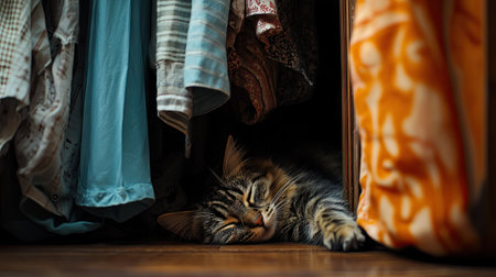 A sleepy cat lying on its side under a closet, half-hidden by a curtainの素材