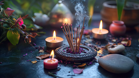 A spiritual setting with incense sticks burning beside candles, surrounded by natural elements like stones and leavesの素材