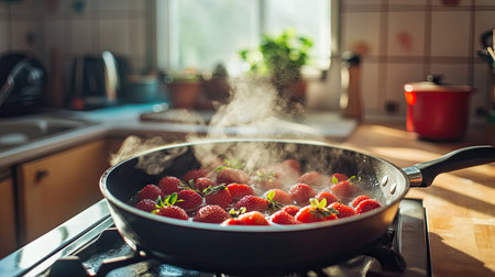 A pot of strawberries and sugar simmering on a stovetop, with steam rising in a cozy kitchenの素材
