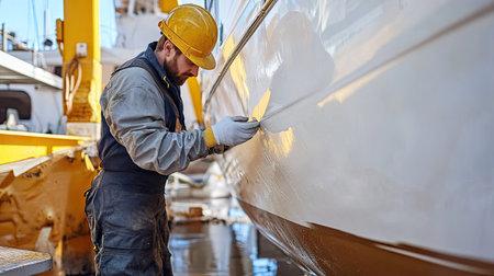 A repair specialist sealing a boat hull with waterproof siliconeの素材