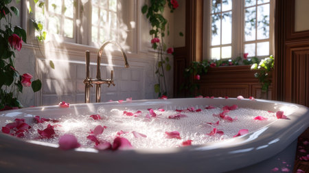 Elegant bathtub filled with bubbles and pink rose petals, with natural light pouring in through nearby windowsの素材