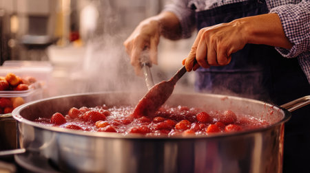A woman stirring a large pot of strawberry jam, with steam rising around herの素材