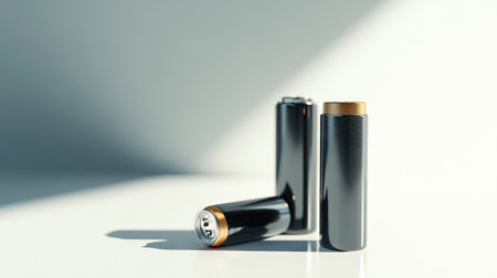 Two AA batteries, one standing and one lying flat, isolated on a bright white surface.の素材