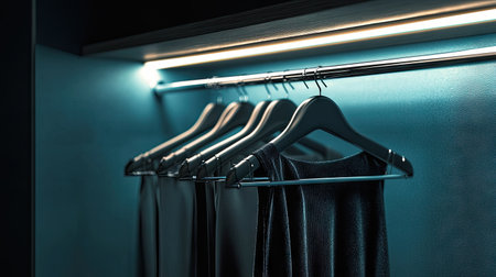 An elegant walk-in wardrobe featuring empty velvet hangers on a chrome rail with soft lighting.の素材