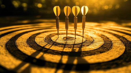 Three darts grouped in the center of a dartboard, representing success through unity.の素材