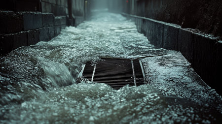 Rainwater rushes down a hilly street and into a storm drain, showing effective city drainage in action.の素材