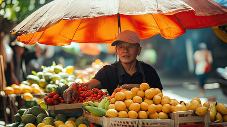A vendor under a market umbrella, selling fruits on a hot summer dayの素材